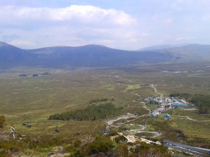View down to resort with Kingshouse in distance on left
